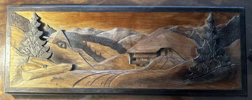 Dipinto in legno intagliato con decoro montano - vintage - 67/26 cm