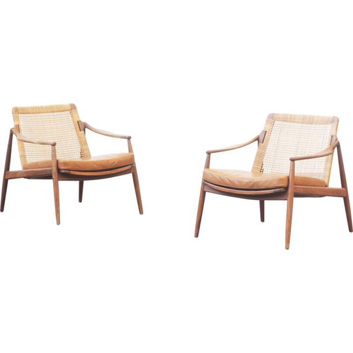 Coppia di poltrone vintage in canna e teak di Hartmut Lohmeyer per Wilkhahn, Germania, anni '50
