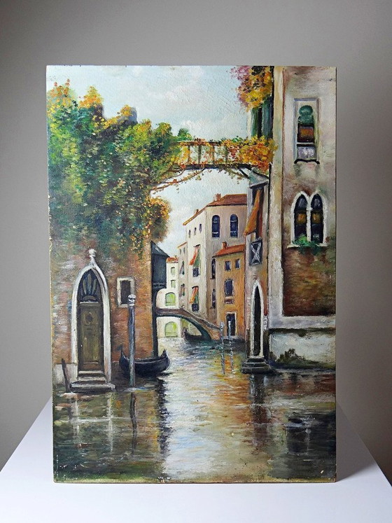 Image 1 of Pintura veneciana, óleo sobre tabla, canal y fachadas antiguas.