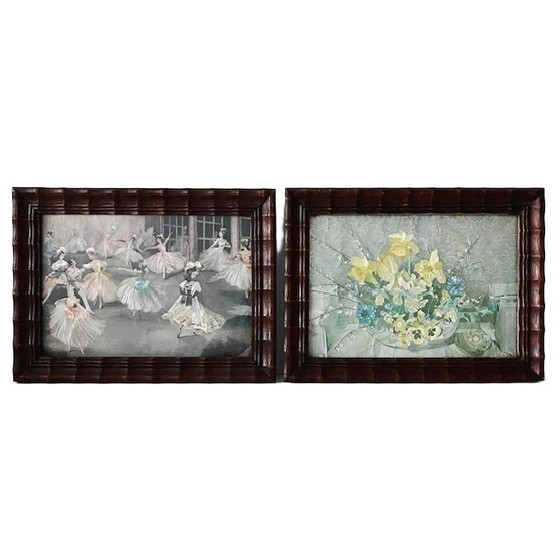 Image 1 of Antieke set foliedruk schilderijtjes ballet bloemen folieprint metaalets 1920's