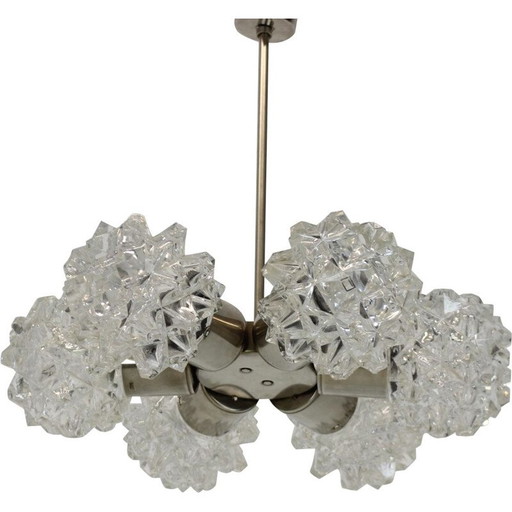 Vintage chrome steel and glass chandelier by Kamenicky Senov, Czechoslovakia 1970