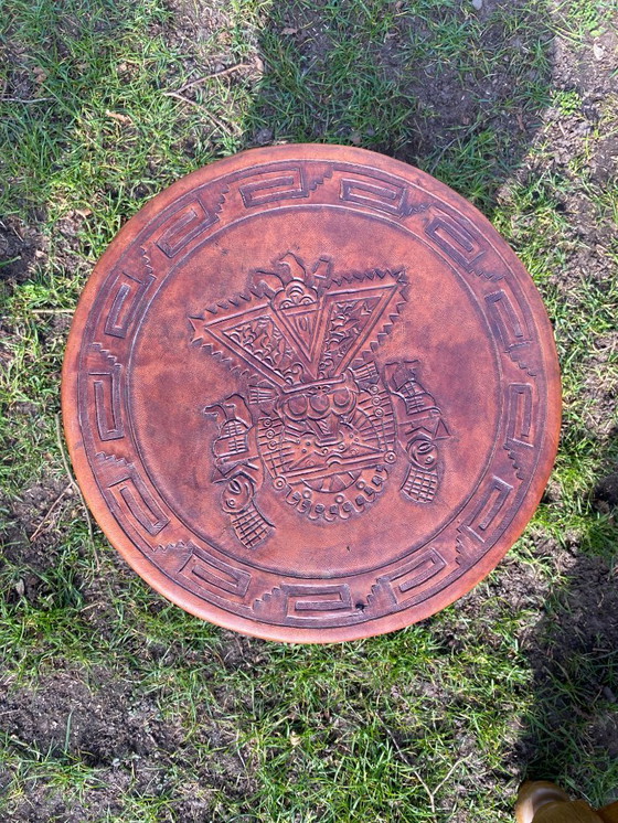 Image 1 of Vintage leather top table Aztec / Mayan equipale style