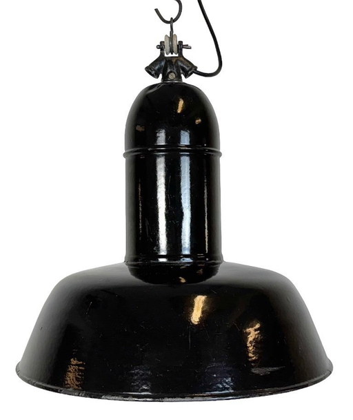 Industrial Black Enamel Factory Lamp with Cast Iron Top, 1930s
