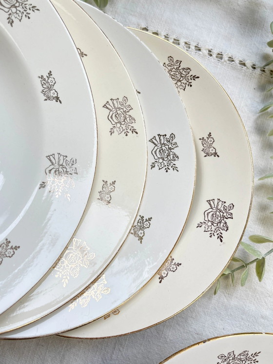 6 Vintage Digoin & Sarreguemines France 1950 Porseleinen Diepe Borden met Kleine Gouden Bloemen – Servies (photo 10 of 14)