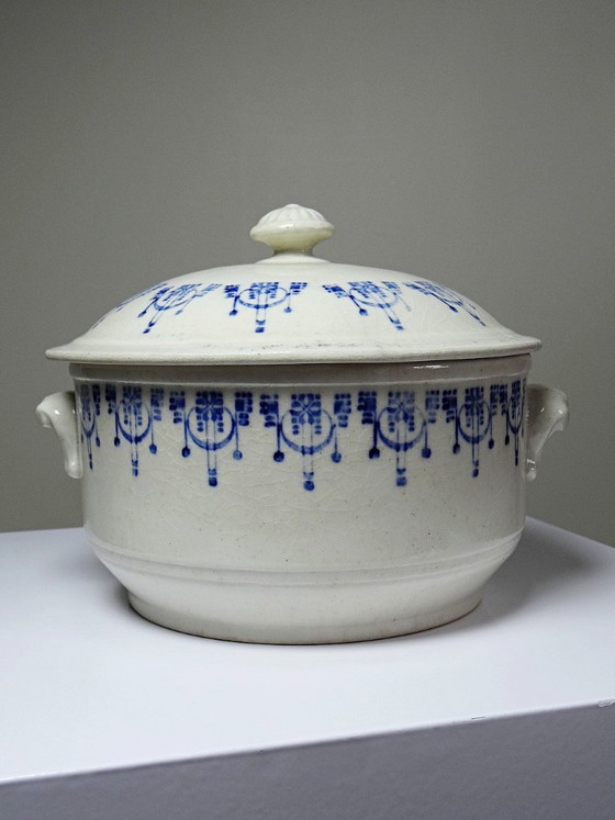 Image 1 of Antique glazed ironstone bouillon/casserole dish with blue St Uze decoration