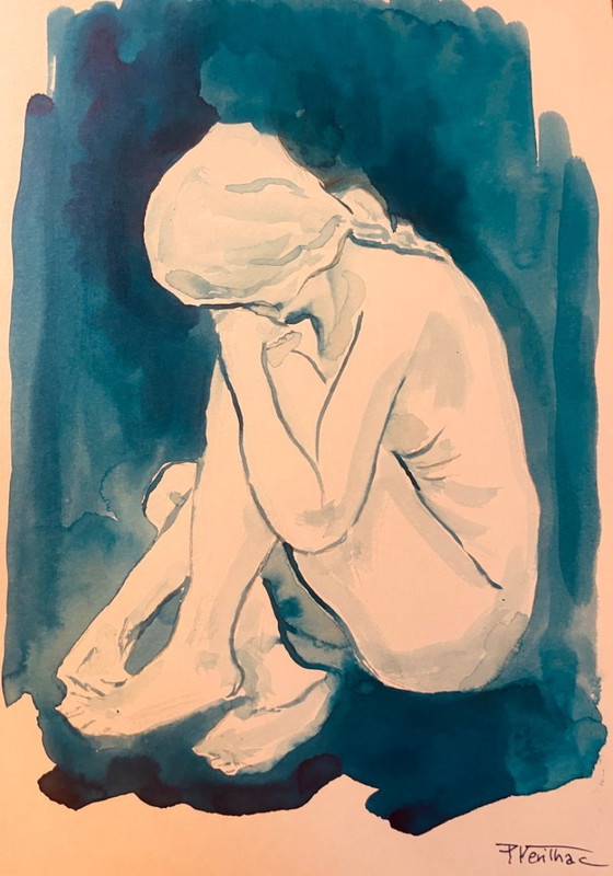 Image 1 of Set of 2 monochrome blue watercolor portraits of a woman, "blueTime"