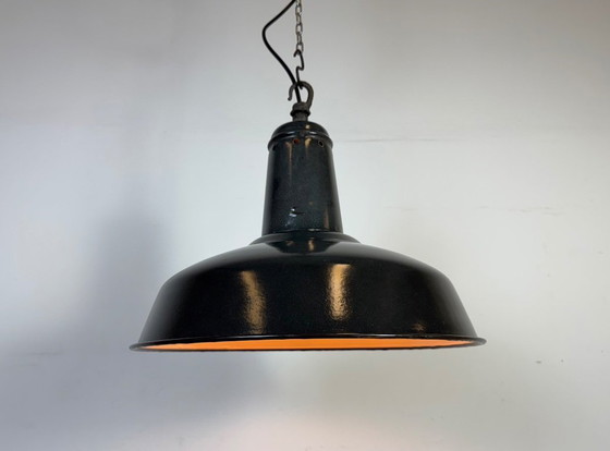 Image 1 of Industriële Franse donkergrijze geëmailleerde fabriekshanglamp, jaren 60
