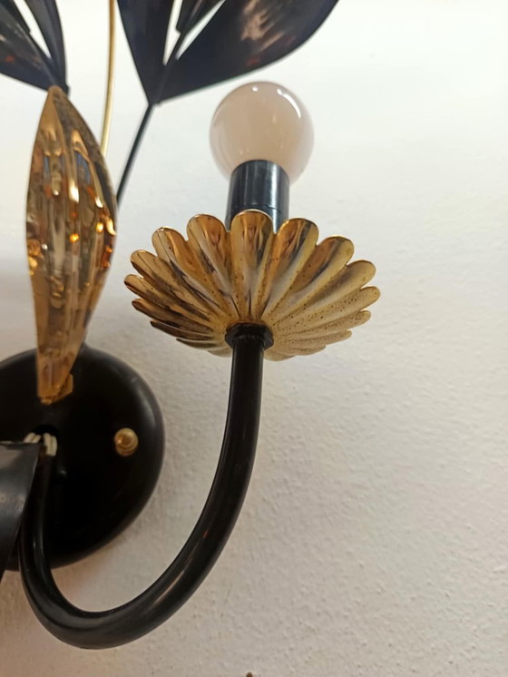 Image 1 of Wandlamp in zwart-gouden Hollywood Regency-bladvorm