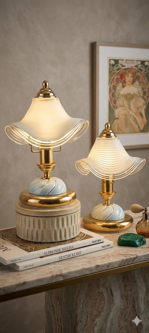 Vintage Hollywood Regency Table Lamps, Set of 2, Wavy Ribbed Opaline Glass, White and Gold Retro Bedside Lighting