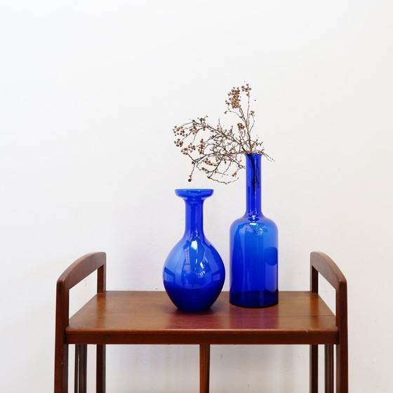 Image 1 of Pair of hand-blown cobalt blue glass vases or carafes, dating from the 1960s.