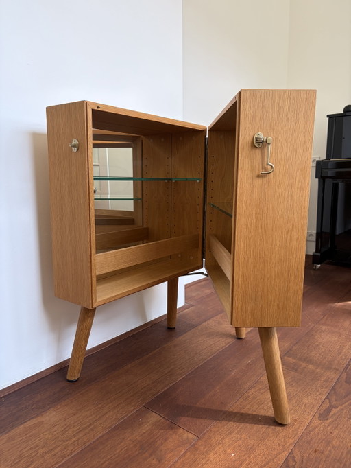 Bolia Oak Bar Cabinet with Glass Shelves & Mirror Interior