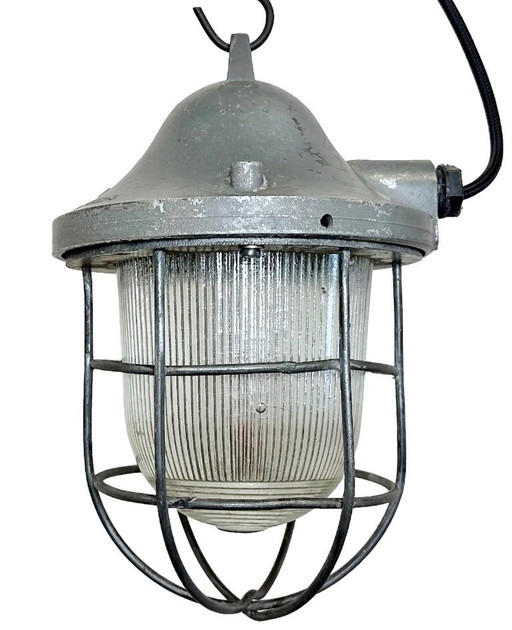 Grey Industrial Bunker Cage Light from Polam Gdansk, 1970s