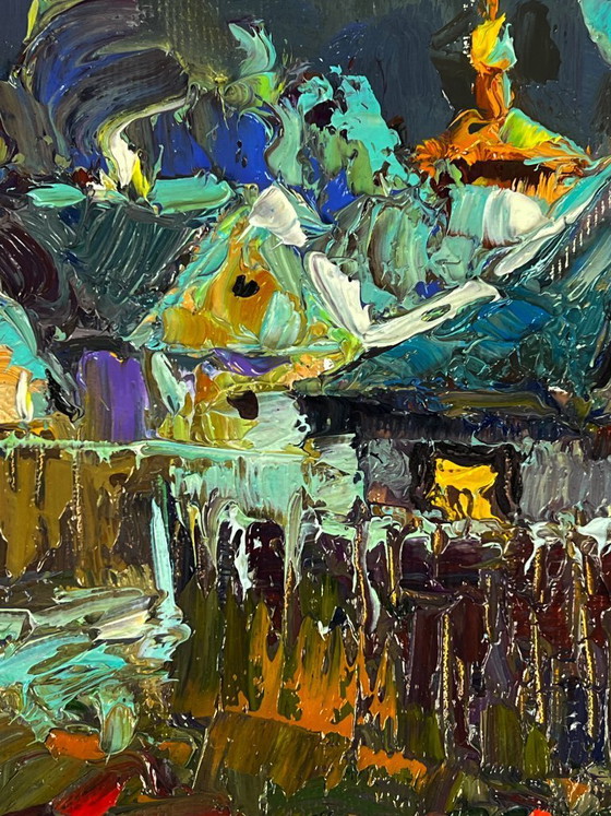 Image 1 of Peinture à l'huile originale représentant un paysage champêtre nocturne au clair de lune dans un village