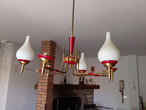 Image 1 of Vintage hanglamp van rood metaal en glas uit de jaren 50