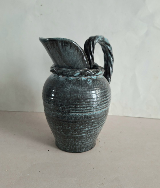 Image 1 of Alexandre de Wemmel ceramics, Heffen, Belgium. Green handmade jug with a twisted handle, 1950s.