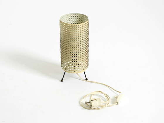 Image 1 of Original 1950s brass tripod table lamp with a perforated metal lampshade