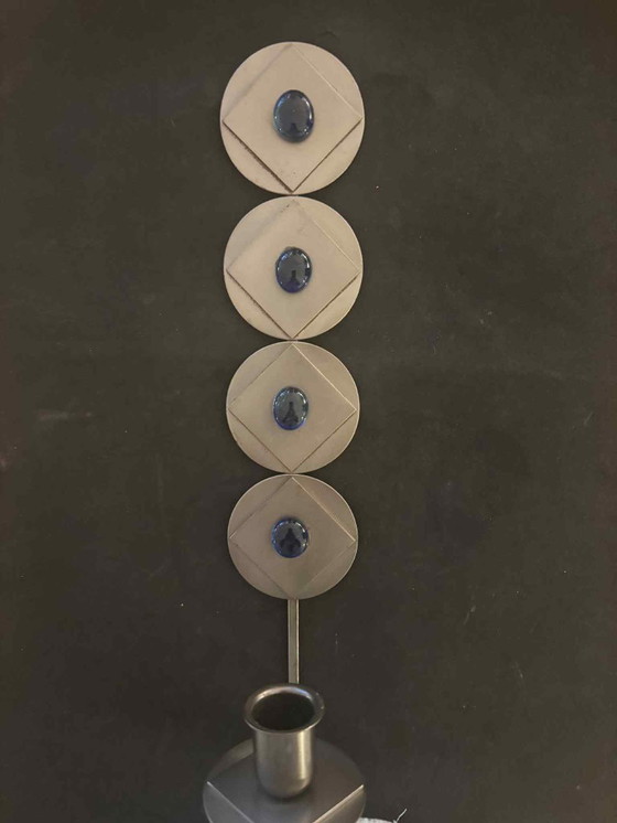Image 1 of Raro portacandele da parete brutalista/industriale scandinavo con cabochon in vetro blu, Svezia c.1960