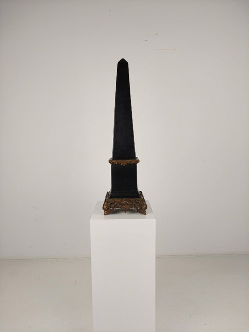 Black Porcelain Obelisk with Bronze Ornaments – 20th Century