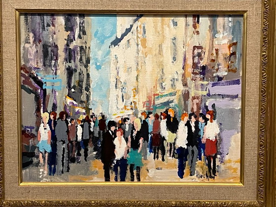 Urbain Huchet (1930–2014) — La Rue de la Huchette, París, Óleo sobre Lienzo en un Marco Montparnasse (photo 3 of 11)
