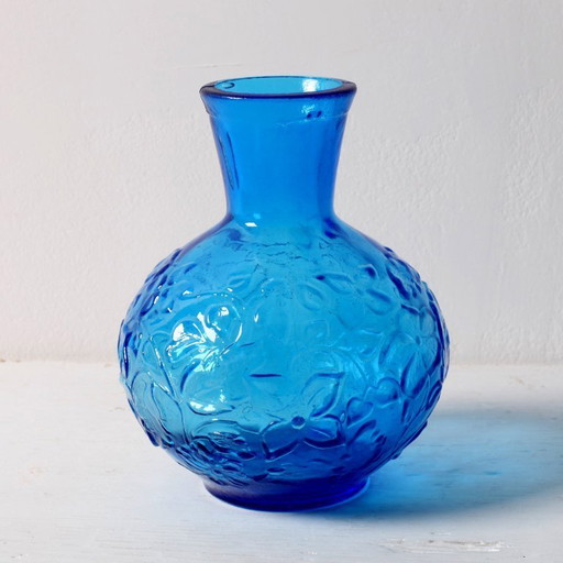 Vintage Small Blue Pressed Glass Vase with Flowers Pattern / Mid-century Home Decor / Italy / 1960s
