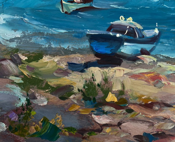 Image 1 of Original Oil Painting Summer Coastal Landscape Sea Waves Crashing Against Sharp Shores