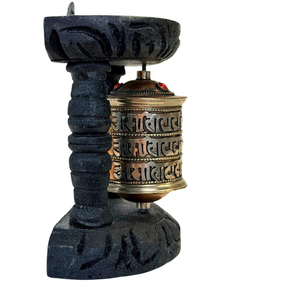 Vintage Tibetan Mani Prayer Wheel in Black Wooden Frame – circa 1980s – Sculpture, Metal (photo 3 of 9)
