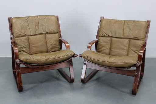 1970S Pair Of Bentwood & Buffalo Leather Lounge Chairs By Giske Carlsen For Kleppe, Norway