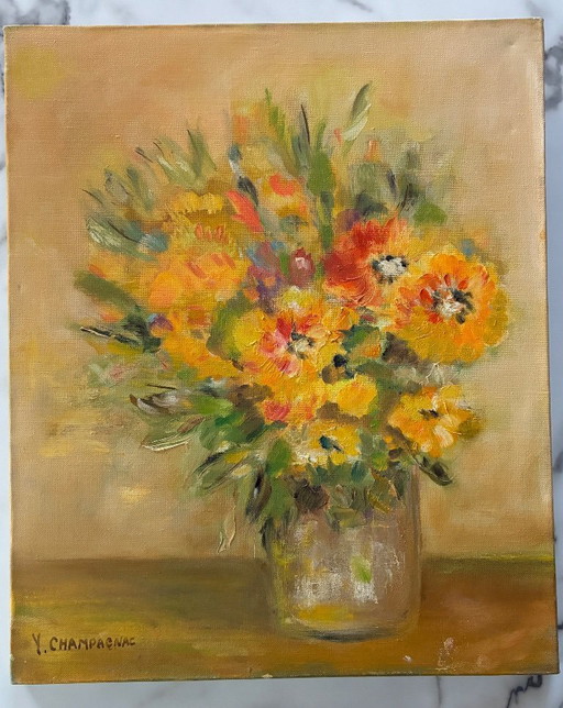Tableau ancien huile sur toile bouquet de fleurs