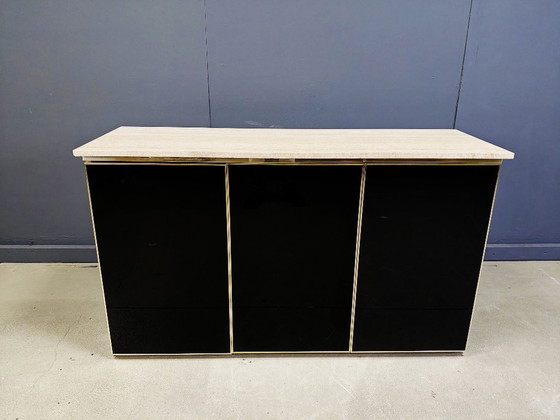 Image 1 of Credenza vintage in travertino e laccato nero, anni '80