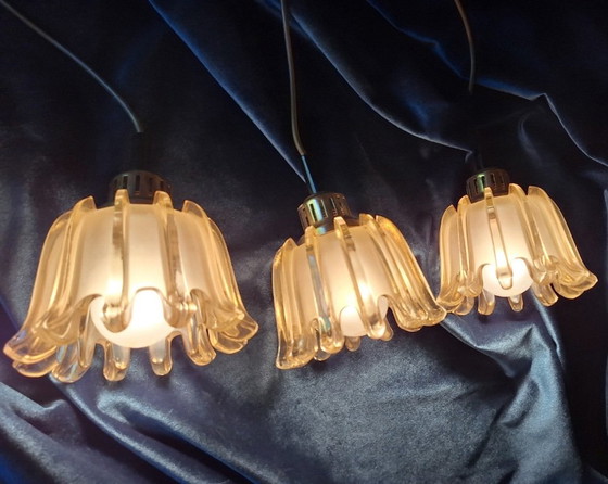 Set of 3 Doria Mid Century Amber-Coloured Pendant Lights, 1960s – Pendant lamps, Brass, Glass (photo 12 of 14)