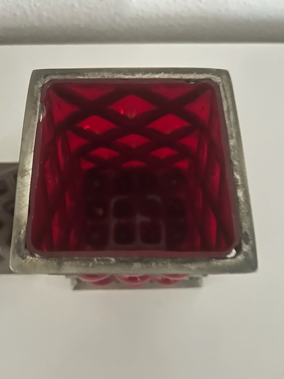 Vintage Ruby Red Caged Bubble Glass Apothecary Jar – Dekselpot – India 1970s – Decoratieve objecten, Metaal (photo 4 of 6)