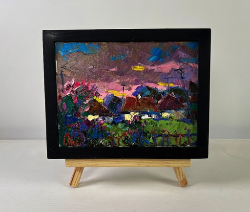 Original Oil Painting Evening Village Landscape The beam fades leaving the world
