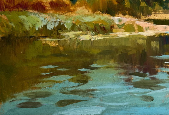 Image 1 of Origineel olieverfschilderij: Herfstlandschap aan een rivier, de natuur in.