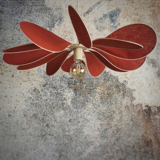 Image 1 of Flower suspension, Vent de Pétales model, 12 petals in rattan and fabric (customizable shade)