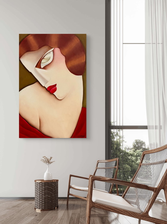 Image 1 of Large Art Deco oil on canvas – Stylized woman signed Ardoon (circa 1980) – 100 x 65.5 cm
