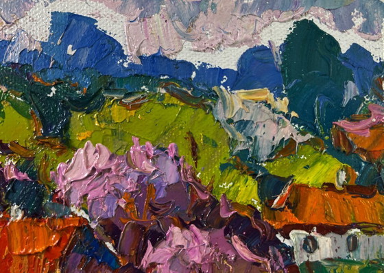 Image 1 of Original Oil Painting Summer Village Landscape Time stops in the green light