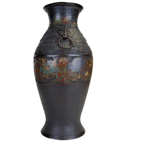 Grande Vaso Giapponese in Bronzo Champlevé con Creature Mitiche e Manici ad Anello – 43 cm – Vasi, Bronze (photo 2 of 7)