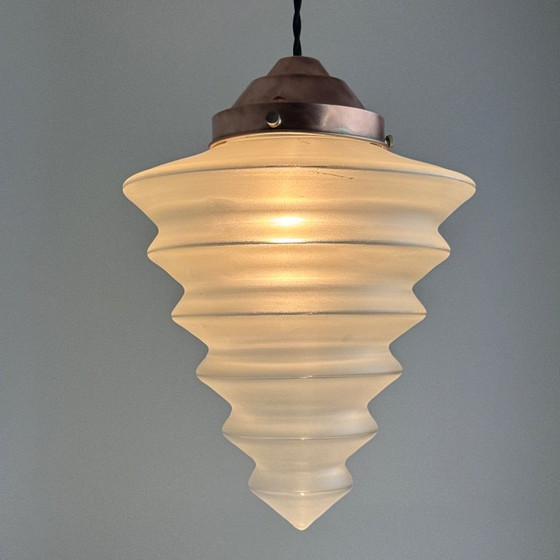 OLD ART-DECO 1930 FROSTED GLASS PENDANT LAMP, Copper, Black, Vintage (photo 2 of 12)