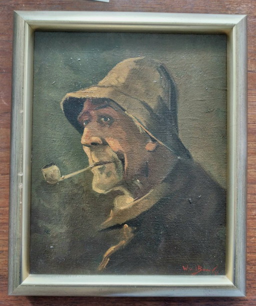 painting, skipper with pipe
