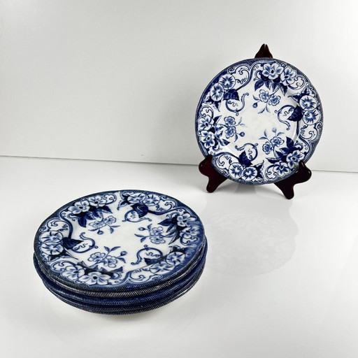 Set de 6 Assiettes à dessert en Terre de Fer « Flora » – Creil et Montereau, XIXe siècle, bleu
