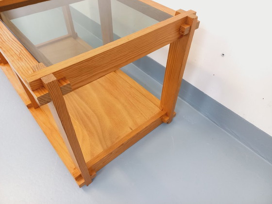 Image 1 of Vintage rectangular coffee table in pine and smoked glass from the 70s and 80s