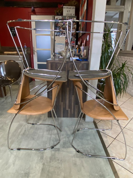 Image 1 of Set di 4 poltrone Linda di Arrben, pelle color cammello, struttura in acciaio cromato, vintage anni '80