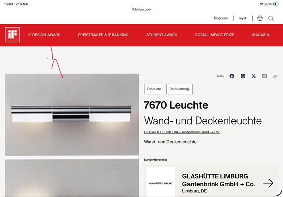 Image 1 of Lampada da parete di design Glashütte Limburg - 7670