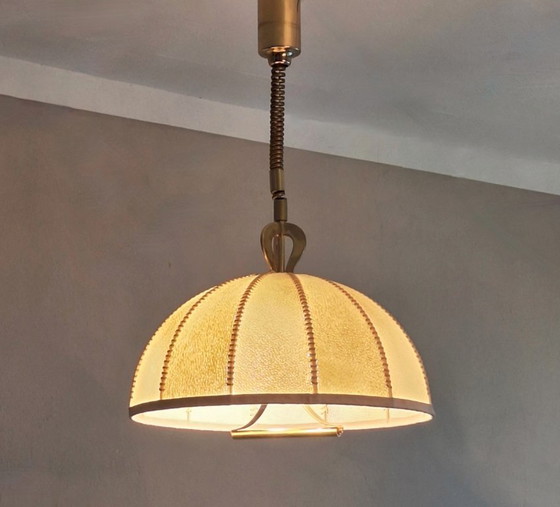 Image 1 of Large Leather, Vellum and Brass Cocoon Chandelier, Italy 1950s