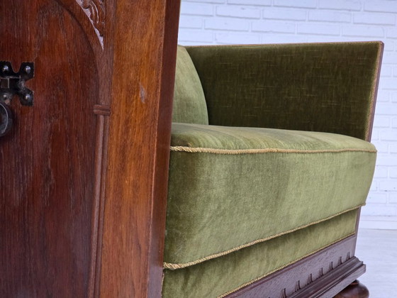 Image 1 of 1950s, Danish 2-seater sofa, original green furniture velour, oak wood.