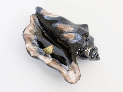 1960s Vallauris Style Seashell Dish, Midcentury Fat Lava Glaze, Black and Blue