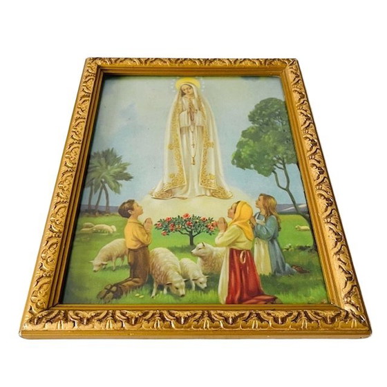 Image 1 of Vintage Religieuze lithografie Maria met drie kindjes 1940’s