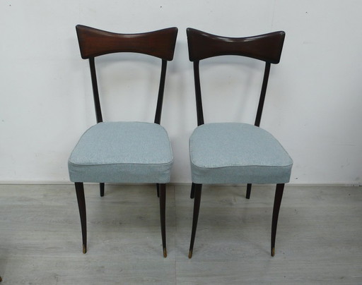50s designer dining room chairs Style Ico Parisi, dark walnut + mint cover, Italian Modern, Mid - Century