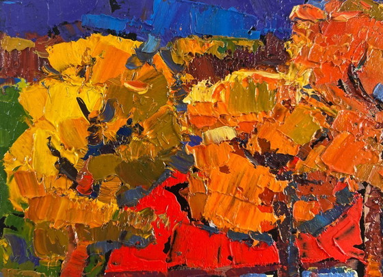 Image 1 of Original Oil Painting Fall Village Landscape Warmth of an autumn day