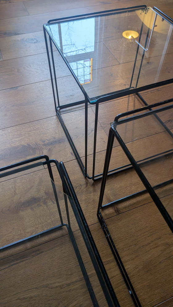 Image 1 of Set di 3 tavoli di design Max Sauze - acciaio nero e vetro, vintage